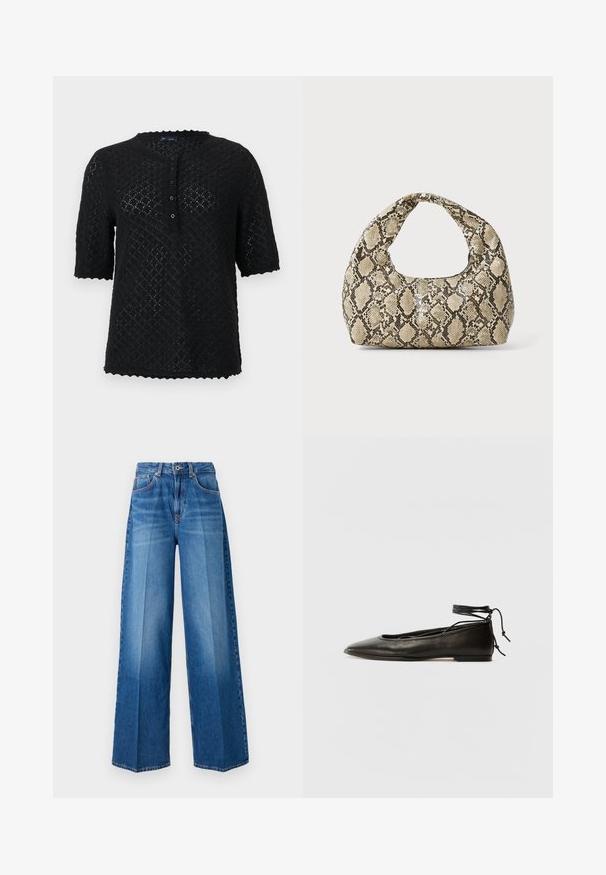 Čierny pletený top s krátkym rukávom a textúrovaným diamantovým vzorom, volánovým výstrihom a zapínaním na gombíky vpredu. Má voľný strih.; Džínsy s širokými nohavicami v stredne modrom odtieni, s klasickým päťvreckovým dizajnom, pútkami na opasok a zipsovým zapínaním.; Čierne kožené baletky s špicatou špičkou, viazaním okolo členka a plochou podrážkou, s hladkou textúrou a minimalistickým dizajnom.; Kabelka s hadím vzorom a zakriveným rukoväťou. Vyrobená z textúrovaných béžových a hnedých materiálov, s charakteristickým diamantovým vzorom.