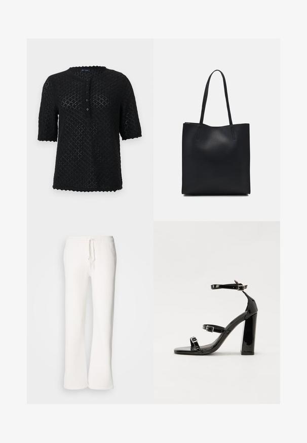 Czarny krótkosleeve'owy sweter dzianinowy z teksturowanym wzorem w diamenty, falbaniastym dekoltem i zapięciem na guziki z przodu. Posiada luźny krój.; Białe, luźne spodnie dresowe wykonane z miękkiego materiału, z elastycznym paskiem w talii i prostymi nogawkami.; Czarne lakierowane sandały na obcasie z kwadratowym noskiem, z paskami wokół kostki i srebrnymi klamrami. Posiadają masywny słupek dla stabilności.; Czarna skórzana torba tote o gładkiej fakturze, prostokątnym kształcie i dwóch długich uchwytach. Brak widocznych elementów metalowych i ozdób.