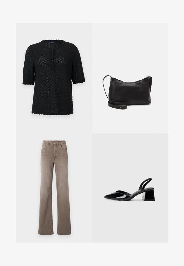 Čierny pletený top s krátkym rukávom a textúrovaným diamantovým vzorom, volánovým výstrihom a zapínaním na gombíky vpredu. Má voľný strih.; Hnedé high-waist rovné džínsy so zapínaním na prednej strane, pútkami na opasok a klasickým dizajnom s piatimi vreckami na bielom pozadí.; Čierne lakované kožené sandálové podpätky s špicatou špičkou a geometrickým blokovým podpätkom. Disponujú elegantným, minimalistickým dizajnom a hladkým povrchom.; Čierna kožená ramenná taška s hladkou textúrou, zakriveným tvarom, nastaviteľným popruhom a zipsom. Minimalistický dizajn bez ozdôb.