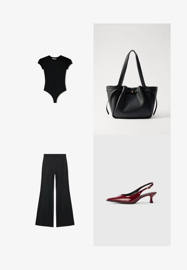 Črna bodi majica s kratkimi rokavi in okroglim izrezom, z visokimi odprtinami za noge, izdelana iz gladkega, elastičnega materiala.; Črne široke hlače z gladko teksturo, ki imajo sprednje nabore in kroj po meri. Tkanina je lahka in zračna.; Burgundske paten kože slingback pete s oštrim nosom i elegantnom stiletto petom. Dizajn s otvorenom stražnjom stranom s podesivim detaljem na remenu oko gležnja.; Črna usnjena torba s dolgima ročajema, z nabranim vrhom in zlatim okroglim dodatkom. Gladka tekstura s minimalističnim oblikovanjem.