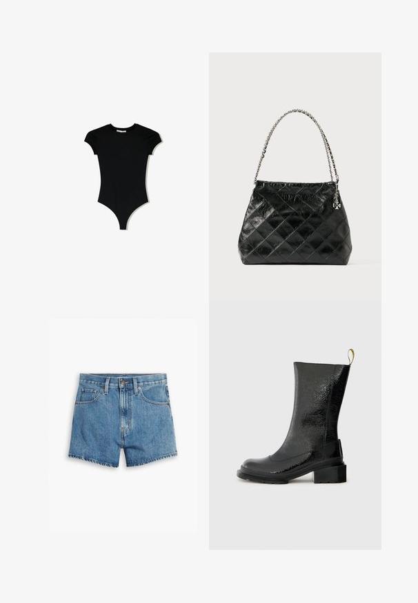 Črna bodi majica s kratkimi rokavi in okroglim izrezom, z visokimi odprtinami za noge, izdelana iz gladkega, elastičnega materiala.; Jeans kratke hlače v svetlo modri barvi, z povezavami za pet žepov, zadrgo in gumbom. Rob je razfrcan, oblikovane so v sproščenem kroju.; Črne gležnjarje iz sijočega, strukturiranega materiala. Imajo debelo peto in zanka na hrbtni strani za lažje obuvanje.; Črna usnjena torbica z vzorcem karo, srebrna verižica kot ročaj, z oblikovanim dizajnom in gladko teksturo.
