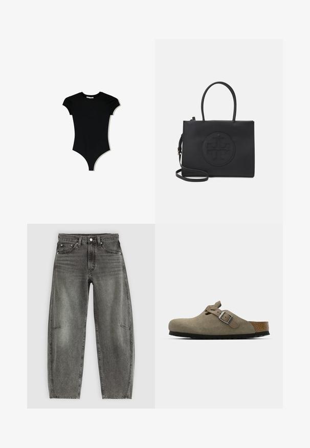 Černý body s krátkým rukávem, kulatým výstřihem a vysokými rozparky na nohavicích, vyrobený z hladkého, elastického materiálu.; Džínsy z šedého vybledlého denimu s vysokým pasem, pěti kapsami, zapínáním na knoflík a uvolněným rovně střiženým střihem.; Semišové dřeváky ve světle olivové barvě s vytvarovanou korkovou a gumovou podrážkou. Obsahují boční pásek s kovovou sponou a zaoblenou špičku.; Černá kabelka vyrobená z hladkého materiálu, s dvojitými uchy, odnímatelným ramenním popruhem a kulatým embosovaným logem na přední straně.