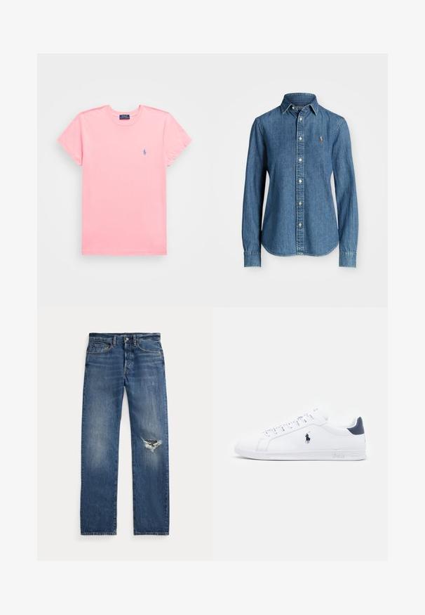 Polo Ralph Lauren CLASSIC FIT CREWNECK TEE - Pamata T-krekls - course pink; Denim krekls vidēji zils, ar garām piedurknēm, pogu aizdari un logo akcentu uz krūtīm. Iespējo izliekts apakšmalas un standarta piegriezumu.; Zilas džinsu bikses ar vidēju vidukļa augstumu, piecām kabatām un saplaisājušām izsistēm labajā ceļgalā.; Baltas ādas sporta apavi ar gludu virsmu, jūras zila akcenti un neliels zīmols sānos. Aprīkoti ar plakaniem aukliņām un strukturētu gumijas zoli.