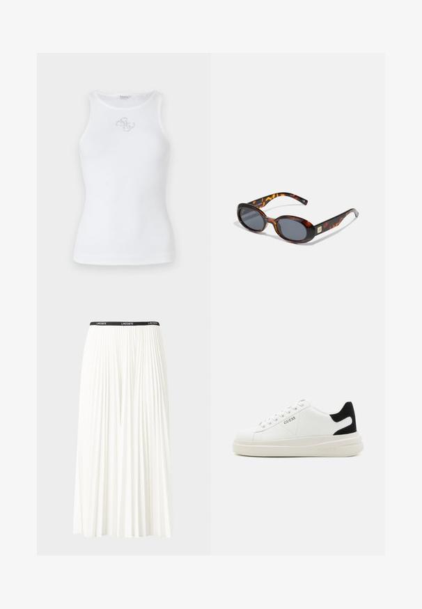 Bijela rebrasta majica bez rukava s okruglim otvorom za vrat. Uključuje malu srebrnu izvezenu oznaku na prsima.; Nabrana bijela suknja s crnim elastičnim pojasom na kojem se nalazi logo "LACOSTE". Srednje dugačak dizajn s mekim teksturom.; Bijele kožne tenisice s debelim bijelim potplatom, crnim zamšastim akcentom na peti i ugraviranim logom sa strane. Dizajn s vezicama i šest rupa za vezivanje.; Smeđe kornjačine naočale s ovalnim lećama i tamno sivoj nijansi. Imaju zlatni naglasak na ručkama. Glatka plastična tekstura.