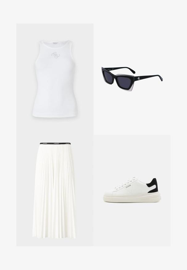 Hvid ribbet tanktop med rund hals og uden ærmer. Inkluderer en lille sølvfarvet logo-embroidery på brystet.; Plisseret hvid nederdel med en sort elastisk talje, der har "LACOSTE"-logoet. Mellemlang design med blød tekstur.; Hvide lædersneakers med en tyk hvid sål, sort ruskindhælvægt og prægede logoer på siden. Snørebåndsdesign med seks øjer.; Store sorte oversized solbriller med geometrisk form, med mørke linser og en kontrasterende grå detalje på stellet. Logo på armen.