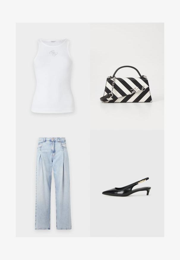 Top in cotone bianco a coste, presenta un collo rotondo e design senza maniche. Include un piccolo ricamo con logo argentato sul petto.; Jeans in denim azzurro chiaro con vita alta, taglio a gamba larga, due tasche laterali e design plissettato. Texture morbida con una finitura sbiadita.; Tacchi slingback in pelle nera con punta affusolata, caratterizzati da un tacco alto e un accento dorato sulla cinghia regolabile. Texture liscia.; Borsa a righe bianche e nere con una forma strutturata, dotata di manico superiore, tracolla a catena staccabile e dettaglio logo metallico.