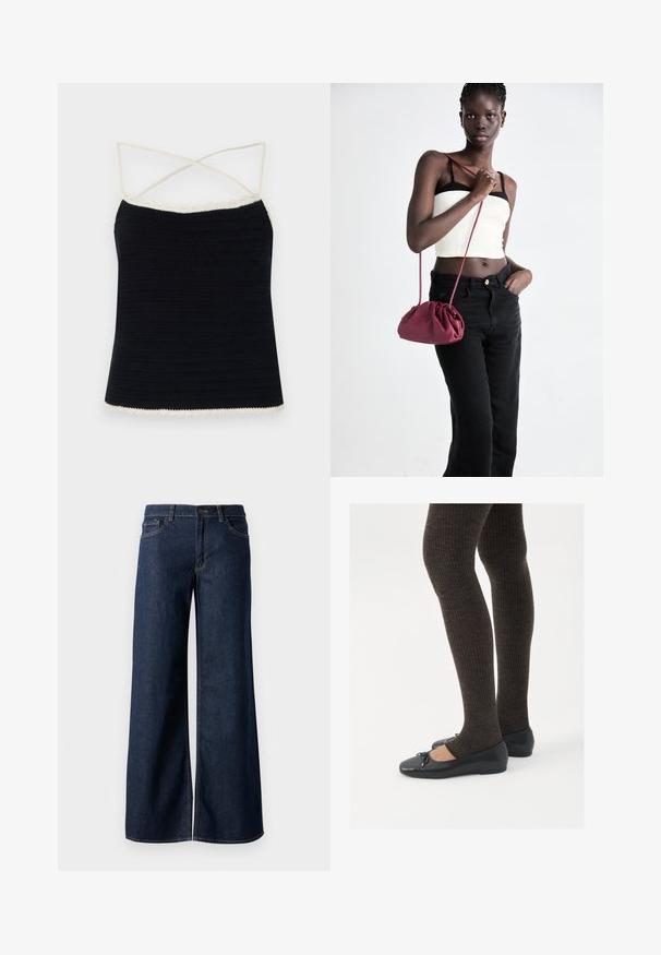 Camiseta de ganchillo negra con ribete de crema en forma de ondas, que presenta tirantes cruzados y una silueta ajustada. Textura suave con patrones horizontales.; Jeans de pierna ancha en denim azul oscuro. Presenta costuras en contraste, cinco bolsillos y un cierre de botón en la cintura. Textura suave.; Zapatos planos negros con un pequeño lazo en la punta, combinados con medias de punto en marrón oscuro. Los zapatos tienen una textura suave y un perfil bajo.; Bolso de tela suave en burdeos con un diseño fruncido y una correa larga, usado cruzado. La modelo lleva una camiseta corta blanca y jeans negros.