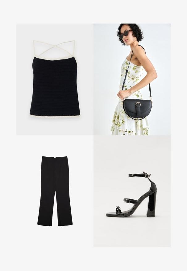 Black crochet camisole with cream scalloped trim, featuring crossed spaghetti straps and a fitted silhouette. Smooth texture with horizontal patterns.; Black trousers with a straight fit, featuring front pockets and side slits at the hem. Made of soft, smooth fabric. Suitable for various occasions.; Black patent heeled sandals with a square toe, ankle straps, and silver buckles. Features a chunky block heel for stability.; Black leather handbag with a curved shape, detachable strap, and gold hardware. The bag features a flap with a buckle detail.