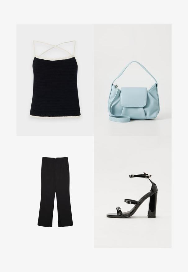 Sort hæklede camisole med cremede konturer, der har krydsede spaghetti-stropper og en tætsiddende silhuet. Glat tekstur med horisontale mønstre.; Sorte bukser med lige pasform, der har frontlommer og slidser i kanten. Lavet af blødt, glat stof. Velegnet til forskellige anledninger.; Sorte patenterede hælsandaler med firkantet tå, ankelremme og sølvspænder. Har en chunky blokHæl for stabilitet.; Lyseblå læderhåndtaske med en top håndtag, frontlomme med klap og detachable håndledsrem på en hvid baggrund.