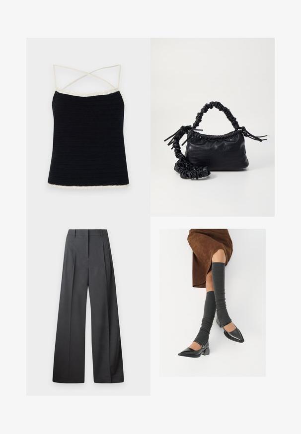 Fekete horgolt ujjatlan blúz krém színű díszítő élekkel, keresztbe tett pántokkal és testhezálló fazonnal. Simább textúra vízszintes mintákkal.; Széles szárú nadrág sötétszürke anyagból, magas derekú, egyes redőkkel, sima textúrával és tiszta befejezéssel a szegélyeken.; Fekete lakk bőrből készült, hegyes orrú cipők, tömbsarkúakkal és bokapánttal, szürke bordás lábszármelegítőkkel és barna velúr szoknyával párosítva.; Fekete műbőr kézi táska krokodil bőr textúrával, összehúzható tetejű és gyűrt pánttal. Lágy és kompakt dizájnúnak tűnik.