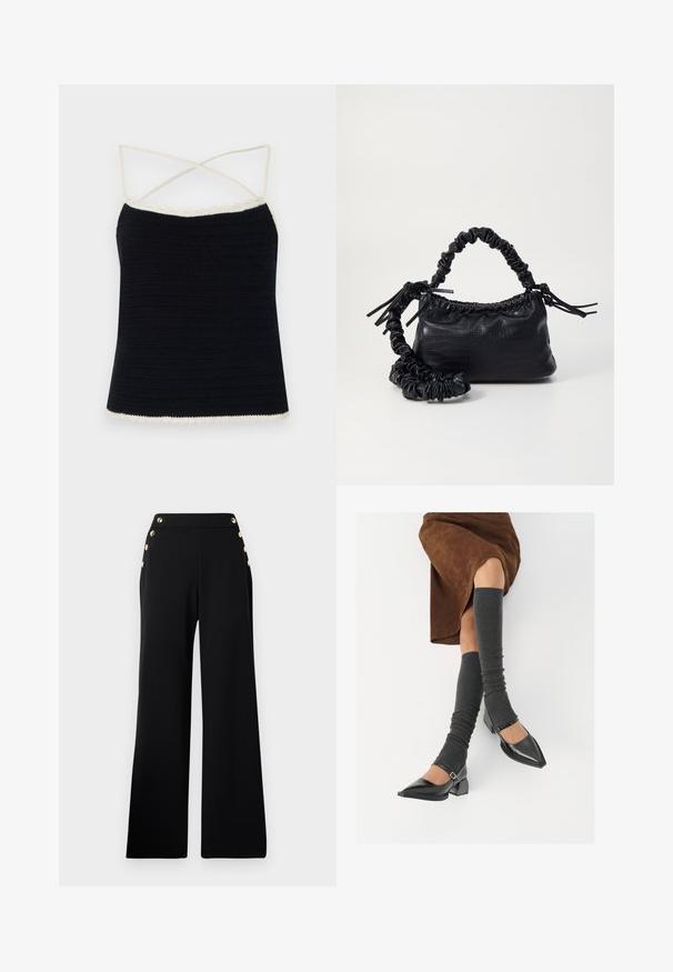 Mustmustsiga musta värvi salli, millel on kreemjad servad, ristatud õhukeste rihmadega ja ühtlane siluett. Sile tekstuur ja horisontaalsed mustrid.; Mustad kõrge vöökohaga lai jalgadega püksid kuldsete nuppudega ees ja taskud mõlemal küljel valge tausta peal.; Mustad patsaline odav värviga kingad, millel on kreen ja pahkluuring, on paaritatud hallide ribakudumitega sääremiidega ja pruunist nahast seelikuga.; Must must sünteetilisest nahast käekott, millel on krokodillimuster, kokku tõmmatav ülaosa ja kortsus rihm. Tundub pehme ja kompaktne disain.