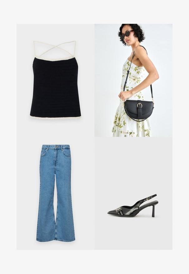 Camisola de crochet preta com acabamento em creme com bordas onduladas, apresentando alças cruzadas e uma silhueta ajustada. Textura suave com padrões horizontais.; Jeans de brim azuis claros, com corte à boca de sino, apresentando uma cintura alta, cinco bolsos e um fecho de botão único. Textura macia com acabamento desbotado.; Sapato slingback preto em pele patentada com bico apontado, tiras no tornozelo apresentando fivelas e acessórios prateados, e um salto elegante.; Bolsa de couro preta com forma curva, alça destacável e detalhes em dourado. A bolsa possui uma aba com detalhe de fivela.