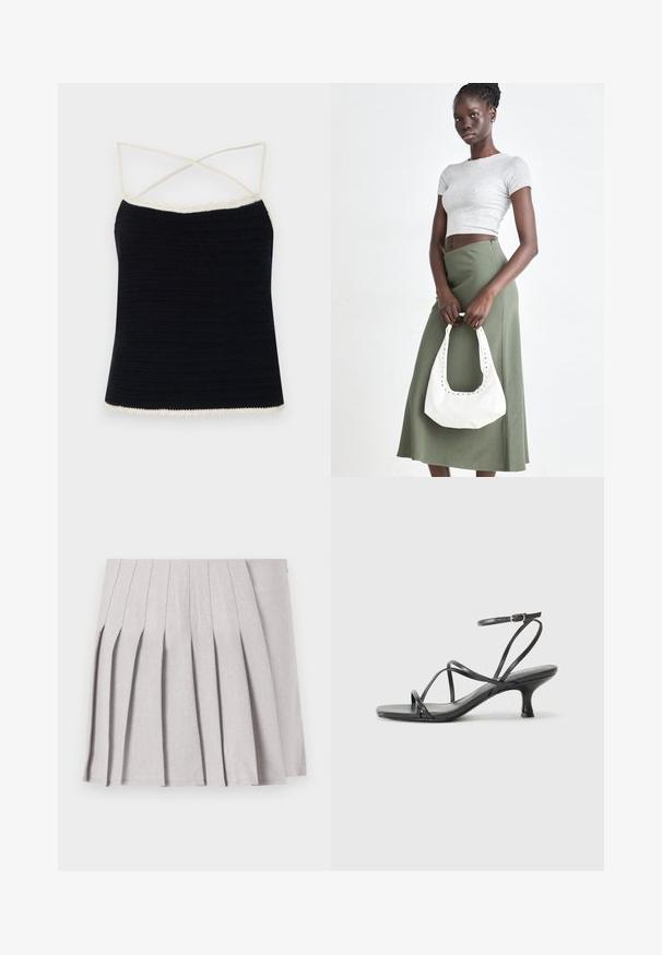 Svart virkad cami-top med krämfärgad scalloped trim, med korslagda spaghetti-remmar och en figurnära siluett. Slät textur med horisontella mönster.; Grå plisserad kjol med en slät textur, som har flera vertikala veck och en åtsittande midja. Tillverkad av lättviktig tyg.; Svarta klacksandaler med tunna remmar, öppen tådesign och en liten, utställd klack. Materialet ser slätt och glansigt ut.; Grå ribbad crop top och olivgrön högmidjad kjol. Modellen håller en vit axelremsväska med utskärningar. Enkelt design, tight passform.