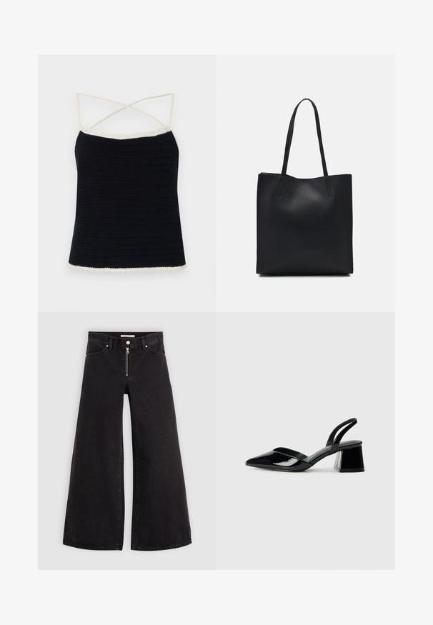 Svart hekla camisk med kremfargede bølgemønstre, med kryssede spaghetti-stropper og en tettsittende silhuett. Glatt tekstur med horisontale mønstre.; Vide benbukser i sort denim med glidelås i front, fem-lomme design og subtile sømdetaljer. Glatt tekstur og avslappet stil.; Svarte patentlær slingback hæler med spiss tå og geometrisk blokk hæl. Har et stilrent, minimalistisk design og jevn tekstur.; Svart lær tote bag med glatt tekstur, rektangulær form og to lange håndtak. Ingen synlige deler eller dekorasjoner.