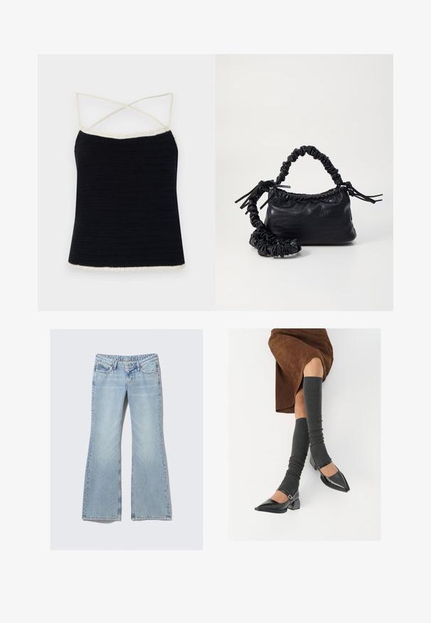 Zwart gehaakt camisole met crèmekleurige scalloped afwerking, voorzien van gekruiste spaghetti-bandjes en een getailleerde pasvorm. Gladde textuur met horizontale patronen.; Weekday NOVA - Slim fit jeans - lip blue; Zwarte gepatineerde leren pumps met een puntige neus, een blokhak en een enkelbandje, gecombineerd met grijze geribde beenwarmers en een bruine suède rok.; Zwarte nepleer handtas met een krokodillenstructuur, opgedroogde bovenkant en een gekreukte hengsel. Het lijkt zacht en compact van ontwerp.