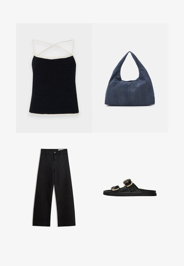 Schwarzes Häkel-Camisole mit cremefarbenem gewelltem Saum, mit gekreuzten Spaghettiträgern und einer taillierten Silhouette. Glatte Textur mit horizontalen Mustern.; Schwarze weit geschnittene Jeans mit hoher Taille, ausgestattet mit Vorder- und Hintertaschen, gesteppten Nähten und einem Knopfverschluss. Glatte Textur.; Schwarze Riemensandale mit zwei goldenen Schnallendetails, glattem Material, flachem Sohlen und minimalistischer Gestaltung.; Dunkelblaue Denim-Tasche mit einer weichen, lässigen Form, ausgestattet mit einem Hobo-Stil Griff und einer strukturierten Oberfläche. Keine sichtbaren Hardware-Elemente.