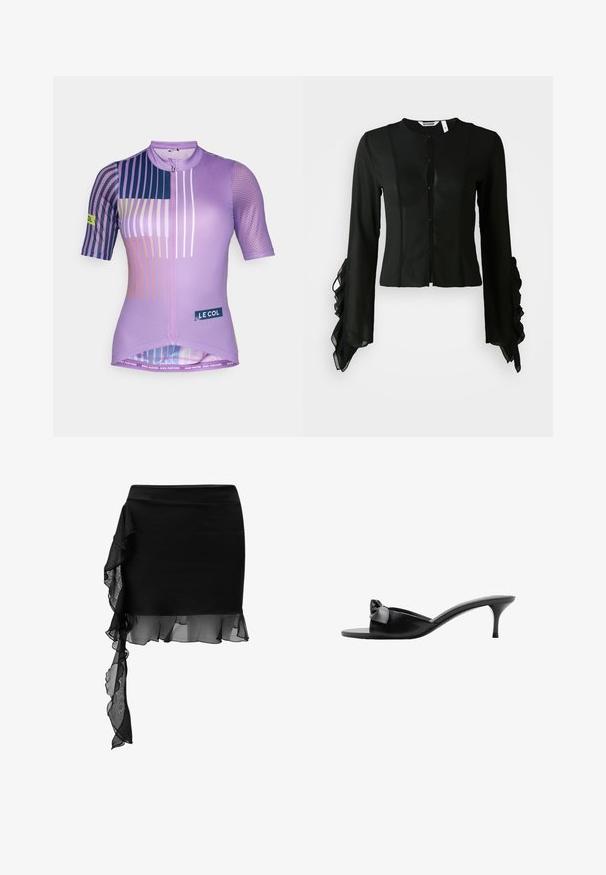 Violetti pyöräilypaita lyhyillä hihoilla, jossa on geometrisia kuvioita eri väreissä, vetoketjusuljenta, verkkokohdistukset ja logotarra.; Musta paita, joka on valmistettu sileästä kankaasta, ja jossa on korkea kaula-aukko, nappi etuosassa sekä pitkät hihat, joissa on frilla-akselit hihansuissa.; Musta hame, jossa on istuva muotoilu ja läpikuultava resori, joka roikkuu epäsymmetrisesti vyötäröltä helmaan. Sujuva rakenne.; Mustat nahkakengät, joissa on solkivetoketju, avoin varvas ja ohut korkea korko. Silkkinen pinta ja minimalistinen muotoilu.