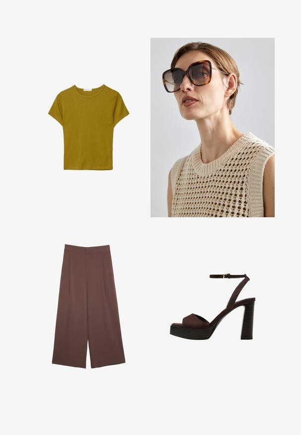 Krátky rukáv, tričko s okrúhlym výstrihom v olivovo zelenej bavlnenej tkanine, s voľným strihom a hladkou textúrou. Bez vzorov alebo ozdôb.; Hnedé nohavice so širokými nohavicami a hladkou textúrou, s vysokým pásom a prednými skladmi. Tkanina je ľahká a voľne sa pohybuje.; Hnedé semišové sandále na vysokom podpätku s otvorenou špičkou, nastaviteľným členkovým remienkom a pruhovanou platformovou podrážkou.; CHLOÉ Slnečné okuliare - brown; Hnedá kožená taška na rameno s hladkou textúrou, otvoreným vrchom a dvoma ramenými popruhmi. Má minimálne šitia a žiadne viditeľné kovania.