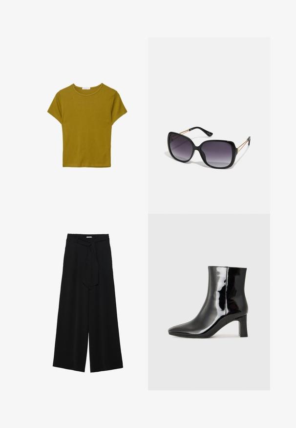Majica s kratkimi rokavi in okroglim izrezom iz olivno zelene bombažne tkanine, z udobnim krojem in gladko teksturo. Brez vzorcev ali okraskov.; Črne široke hlače iz teksturirane tkanine, z elastičnim pasom in odstranljivim trakom na pasu za prilagodljivo prileganje.; Črne lakirane gležnjarje z ošiljenim nosom in srednje visokim blokastim peto. Gladka tekstura in minimalističen dizajn.; Črne prevelike sončne očala z degradacijskimi lečami, debelimi okvirji in zlatimi verižicami na ročajih.