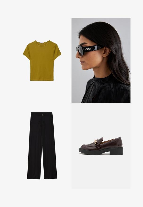 T-shirt a maniche corte, collo rotondo, in cotone verde oliva, con una vestibilità comoda e una superficie liscia. Senza fantasie né decorazioni.; Pantaloni neri a gamba larga realizzati in un tessuto liscio, dotati di tasche frontali e chiusura con bottone in vita. Design minimalista senza motivi.; Mocassino in pelle marrone con una fibbia dorata, tacco a blocco nero e una texture liscia. La vista laterale mostra la punta arrotondata e i dettagli di cucitura.; Occhiali da sole neri con lenti rotonde e montatura bold e angolare, con il marchio "Chloé" in bianco sul lato. Finitura liscia e lucida.; Borsa a tracolla in pelle marrone con superficie testurizzata, hardware dorato, manici superiori e tracolla removibile; presenta un pattina anteriore con chiusura a clip.; FERRAGAMO FERRAGAMO DUO MINI - Orologio - silver-coloured/gold-coloured