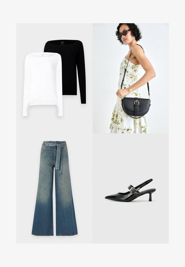 Divi garām piedurknēm tops. Viens balts un otrs melns, abi viegli kokvilnas ar platām laivu kakla izgriezumiem un šaurus piegriezumu.; Platām kājām džinsu bikses ar gaismas līdz tumši zilam gradientam, augstu jostas līniju, jostas cilpām un atbilstošu auduma jostu. Tekstūrēts džinsas apdare.; Melnas lakotas ādas sūkņa kurpes ar norādītu purngali un mazu bloku papēdi, ar sudraba sprādzi akcentā uz jostas.; Melnas ādas rokassoma ar izliekta formu, noņemamu siksnu un zelta aksesuāriem. Somai ir vāciņš ar sprādzes detaļu.