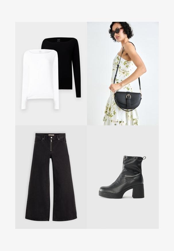 Två långärmade toppar. En vit och en svart, båda i lätt bomull med vid båtringning och slim fit.; Breda jeans i svart denim med dragkedja fram, femfickorsdesign och subtila sömdetaljer. Slät textur och avslappnad stil.; Svarta ankelstövlar i slitstark läder, med sidodragkedja, kraftig strukturerad klack och rundad tådesign.; Svart läderhandväska med en böjd form, avtagbar rem och guldiga detaljer. Väskan har ett lock med en spänndetalj.