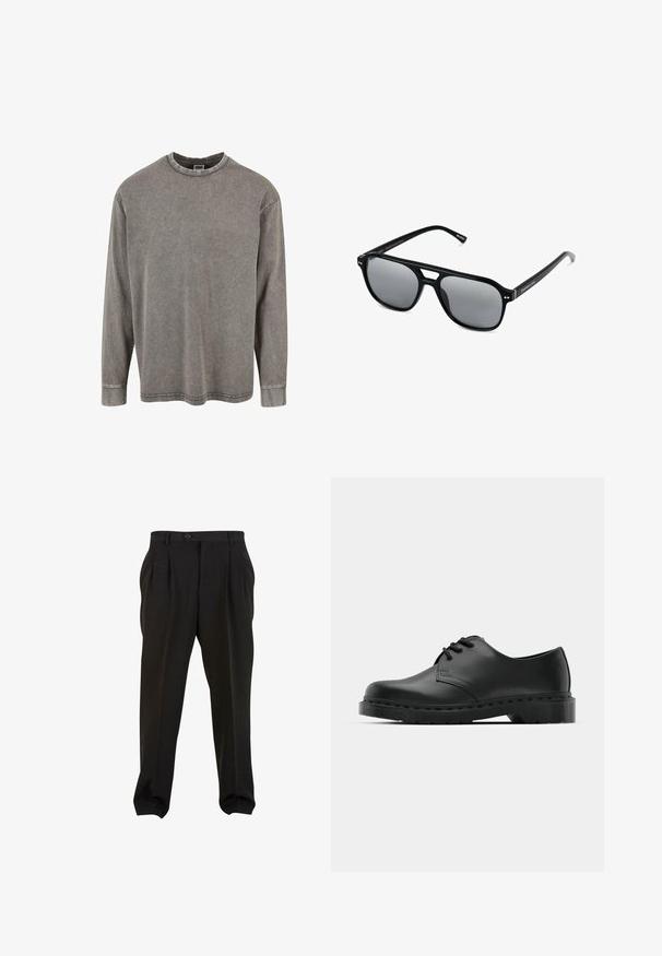 Harmaa pitkähihainen t-paita, joka on valmistettu puuvillasekoitteesta. Ominaisuuksiin kuuluu pyöreä kaula-aukko, laskettu olkapää ja ommellut hihansuut. Ei kuvioita tai varusteita.; Mustat housut sileällä kankaalla, etupuolelta laskostetut, napilla varustettu vyötärö ja kapenevat nilkkaleikat. Klassinen hyvin istuva siluetti.; Musta nahkainen oxford-kengät, joissa on nauhakiinnitys, pyöreä kärki, litteä kumipohja ja hillitty ompelutaito yläosassa.; Mustat aurinkolasit suorakulmaisilla kehyksillä, harmaasävyisillä linsseillä ja siltaleikkauksella. Tyylikäs, kiiltävä muovimateriaali, kapeilla temppeleillä.