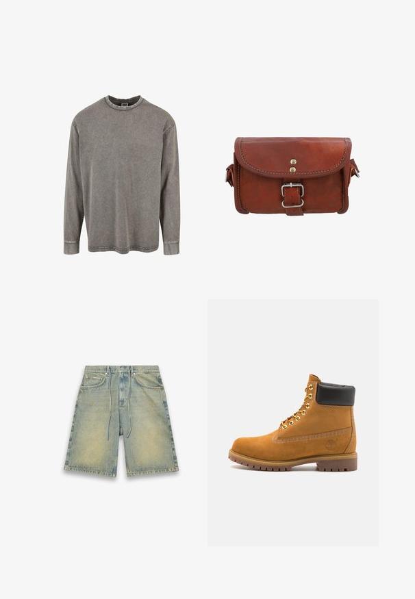 Harmaa pitkähihainen t-paita, joka on valmistettu puuvillasekoitteesta. Ominaisuuksiin kuuluu pyöreä kaula-aukko, laskettu olkapää ja ommellut hihansuut. Ei kuvioita tai varusteita.; Vaaleansiniset farkkushortsit, joissa on joustava naruvyötärö, etutaskut ja haalistunut pinta. Ominaisuuksiin kuuluu hienovarainen värimuutos ja suora leikkaus.; Valkoinen nahkainen nilkkuri mustalla pehmustetulla kauluksella, kultaisilla metallisilla rei'illä, valkoisella ompeluksella ja jykevällä kumipohjalla, jossa on selvästi näkyvät urat.; Ruskea nahkainen laukku, jossa on läppäkiinnitys, hopeinen solki ja erottuva ompelu. Kompakti suorakulmainen muoto ja sileä pinta.