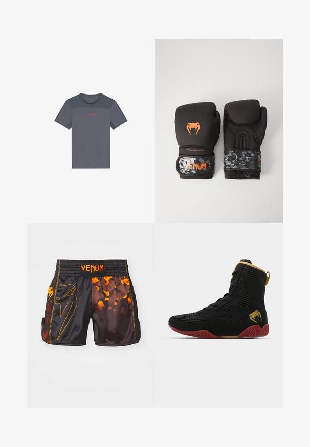 Grå trenings t-skjorte med mesh-detaljer, rund hals, korte ermer og en kontrasterende rød "Calvin Klein"-logo på brystet.; Svart og oransje Venum-shorts med en blank finish, kontrasterende camo-mønstre og en elastisk midjebånd med logo-detalj.; Høy topp idrettssko med svart mesh og syntetisk materiale, teksturerte detaljer, rød gummisåle og gullfarge på ankelen.; Svarte boksinghansker med matt finish og ergonomisk design. Oransje logo-detaljer og håndleddsstropper med kamuflasjemønster.