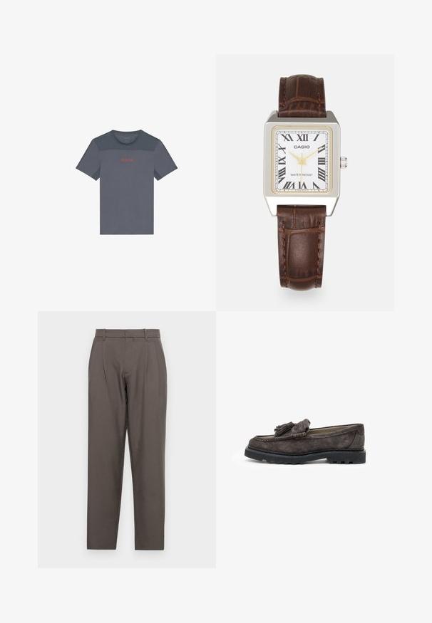 Grijze sportieve t-shirt met gaasaccenten, ronde halslijn, korte mouwen en een contrasterend rood "Calvin Klein" logo op de borst.; Jack & Jones JPSTBILL JJDAYTONA WIDE - Broek - pavement; Donkergrijze suede loafers met een franje accent aan de voorkant, platte rubberen zool en contrasterende stiksels langs de rand.; Casio rechthoekige horloge met een witte wijzerplaat, gouden accenten, Romeinse cijfers en een bruine lederen band met krokodillenpatroon. Waterbestendig ontwerp.