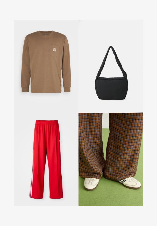 Pruun pikka varrukatega T-särk, mis on valmistatud puuvillast ja millel on rinna kohal tasku ruudukujulise logomärgisega. Lihtne disain, ümmargune kaelus ja sirge äär.; Kerged sportpüksid, mis on valmistatud kergest kangast, elastse vöökohtaga, kahe valge küljeribaga ja väikese logoga puusal.; Pruunide ja siniste ruuduliste laiad püksid, mille juurde on kombineeritud valged kingad mustade aktsentidega ja tekstuursete taldadega, roheline taust.; Must have kaelus kott pehmendatud tekstuuriga, ümmargune kuju ja lai rihm, mille esipaneelil on reljeefne logo.