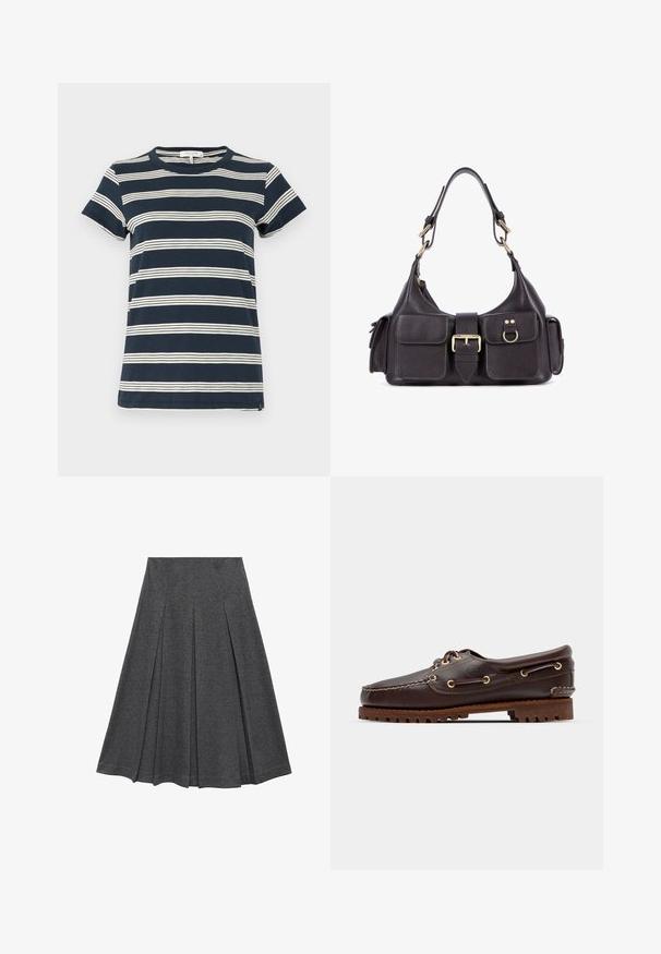 Navy blue striped t-shirt made of cotton; features short sleeves, crew neck, and white horizontal stripes across the front and back.; Grey pleated skirt with a flared shape, made of soft fabric. Features vertical pleats and a smooth waistband for a fitted look.; Brown leather boat shoe with gold eyelets, round laces, and a textured brown rubber sole. Features stitched detailing and a raised logo.; Dark leather handbag featuring two front pockets, a central buckle, and gold-tone hardware. Smooth texture with a curved silhouette.