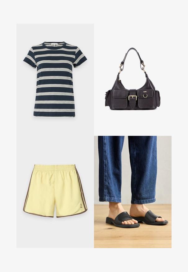 Navy blue striped t-shirt made of cotton; features short sleeves, crew neck, and white horizontal stripes across the front and back.; Yellow athletic shorts with brown side stripes. Features an elastic waistband and Adidas logo on the lower left. Smooth polyester material.; Black slip-on sandals made of smooth material, featuring an open toe and a wide top band, set against dark denim pants with a straight fit.; Dark leather handbag featuring two front pockets, a central buckle, and gold-tone hardware. Smooth texture with a curved silhouette.