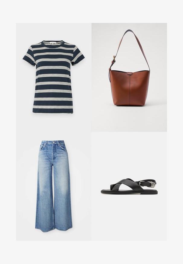 T-shirt a righe blu navy realizzato in cotone; presenta maniche corte, collo rotondo e strisce orizzontali bianche sulla parte anteriore e posteriore.; Jeans a gamba larga in denim azzurro chiaro, con vita alta, design a cinque tasche, lavaggio sbiadito e orlo sfilacciato.; rag & bone GIA TOE LOOP - Sandali - black; Borsa a spalla in pelle marrone con forma curvata, texture liscia e una sottile tracolla. Presenta una cucitura discreta e un piccolo dettaglio con logo.
