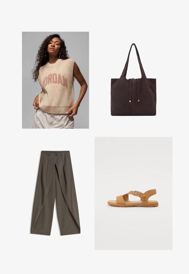 Light beige sleeveless sweater with ribbed texture, featuring a prominent "JORDAN" logo in darker beige. Casual design with a relaxed fit.; Wide-leg trousers made of a textured, dark gray fabric. Features a front pleat, button closure, and side pockets for practicality.; Brown leather sandal with a buckle, open toe, and footbed cushioning. Features a flexible rubber sole and embossed logo detail.; Mango Tote bag - dark brown