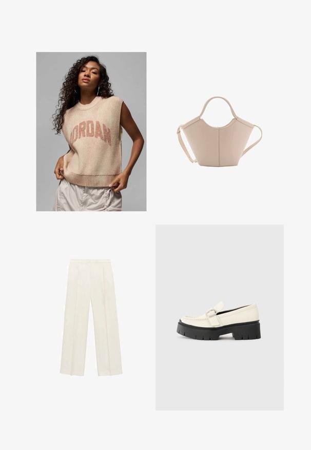 Ljusbeige ärmlös tröja med ribbad textur, med en framträdande "JORDAN"-logotyp i mörkare beige. Avslappnad design med en ledig passform.; Breda byxor i en ljus krämfärg. Tillverkade av ett mjukt tyg med veck fram och sidofickor.; Vit läder loafför med en kraftig svart platåsoffa, som har ett rektangulärt silverspänne och synlig sömdekoration på ovansidan.; Beige läderhandväska med en unik form, med två korta handtag och ett långt justerbart axelband. Slät textur med minimal hårdvara.
