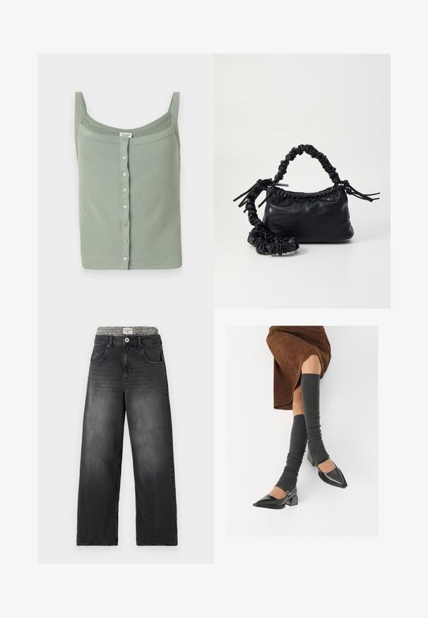 Débardeur vert à côtes avec de fines bretelles et un encolure droite, présentant une fermeture à boutons à l'avant et une coupe ajustée.; Jeans large en denim noir avec une ceinture à motif pied-de-poule. Comprend des poches avant et une fermeture à bouton. Texture déchirée.; Chaussures à bout pointu en cuir verni noir avec un talon bloc et une bride à la cheville, accompagnées de jambières en maille grise et d'une jupe en daim marron.; Sac à main en simili cuir noir avec une texture crocodile, un dessus resserré et une sangle froncée. A l'apparence douce et compacte.