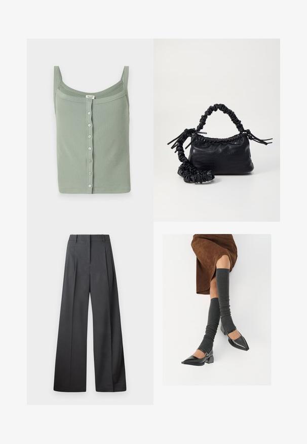 Grünes geripptes Tanktop mit dünnen Trägern und geradem Ausschnitt, ausgestattet mit einer Knopfleiste an der Vorderseite und einer taillierten Passform.; Weite Hosen aus dunkelgrauem Stoff, mit hoher Taille, einzelnen Falten und einer glatten Textur mit sauberen Abschlüssen an den Säumen.; Schwarze lacklederne spitze Schuhe mit Blockabsatz und Knöchelriemen, kombiniert mit grauen gerippten Beinstulpen und einem braunen Wildlederrock.; Schwarze Handtasche aus Kunstleder mit Krokodilstruktur, gerafftem oberen Teil und einem geschoppten Tragegurt. Sie wirkt weich und kompakt im Design.
