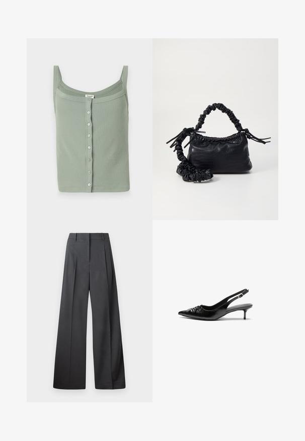 Grøn ribbet tanktop med tynde stropper og en lige halsudskæring, med en frontknaplukning og et tætsiddende design.; Bredde benbukser i mørkegrå stof, med høj talje, enkelte læg og en glat tekstur med en ren finish ved kanten.; Sorte læderslippers med spidse tæer, lille kitten hæl og en dekorativ knude detalje foran. Glat tekstur hele vejen rundt.; Sort kunstlæder håndtaske med krokodilteksur, indsnøret top og en sammenkrøben rem. Ser blød og kompakt ud i designet.