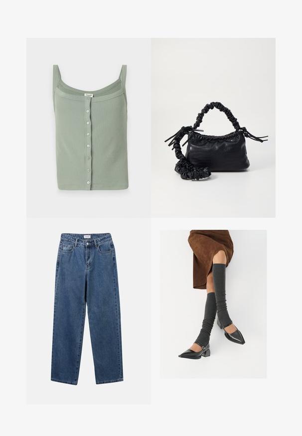 Débardeur vert à côtes avec de fines bretelles et un encolure droite, présentant une fermeture à boutons à l'avant et une coupe ajustée.; Jean en denim bleu classique avec une coupe droite, cinq poches et une fermeture par bouton. Présente un lavage moyen et une texture robuste.; Chaussures à bout pointu en cuir verni noir avec un talon bloc et une bride à la cheville, accompagnées de jambières en maille grise et d'une jupe en daim marron.; Sac à main en simili cuir noir avec une texture crocodile, un dessus resserré et une sangle froncée. A l'apparence douce et compacte.