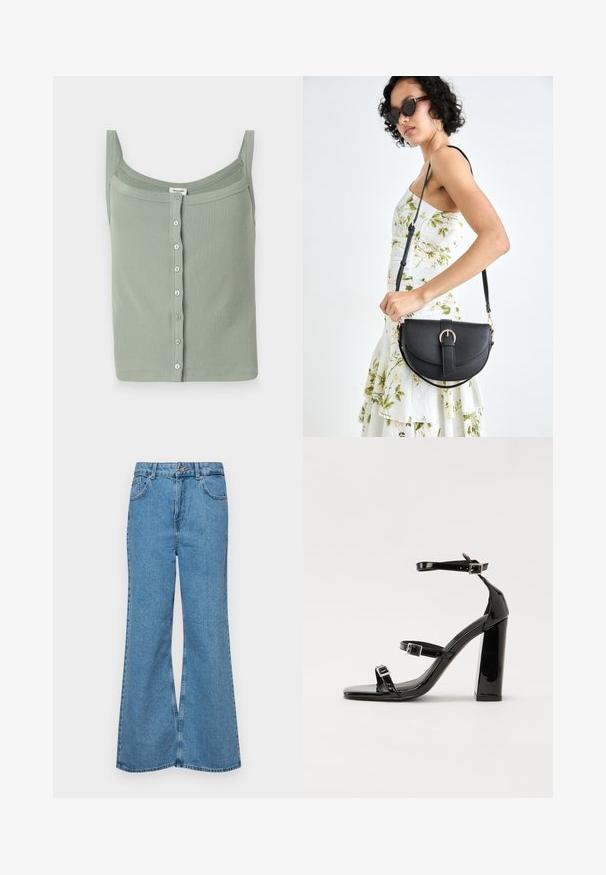 Zelený žebrovaný tílko s tenkými ramínky a přímým výstřihem, které má vpředu knoflíkovou légu a těsně přiléhající střih.; Světle modré rozšířené džíny z denimu, se zvýšeným pasem, pěti kapsami a jedním knoflíkem na zapínání. Měkký povrch s vybledlým vzhledem.; Černé lakované sandály na podpatku se čtveratou špičkou, lýtkovými pásky a stříbrnými přezkami. Disponují masivním blokovým podpatkem pro stabilitu.; Černá kožená kabelka s křivkovým tvarem, odnímatelným popruhem a zlatými detaily. Kabelka má klopu s přezkou.