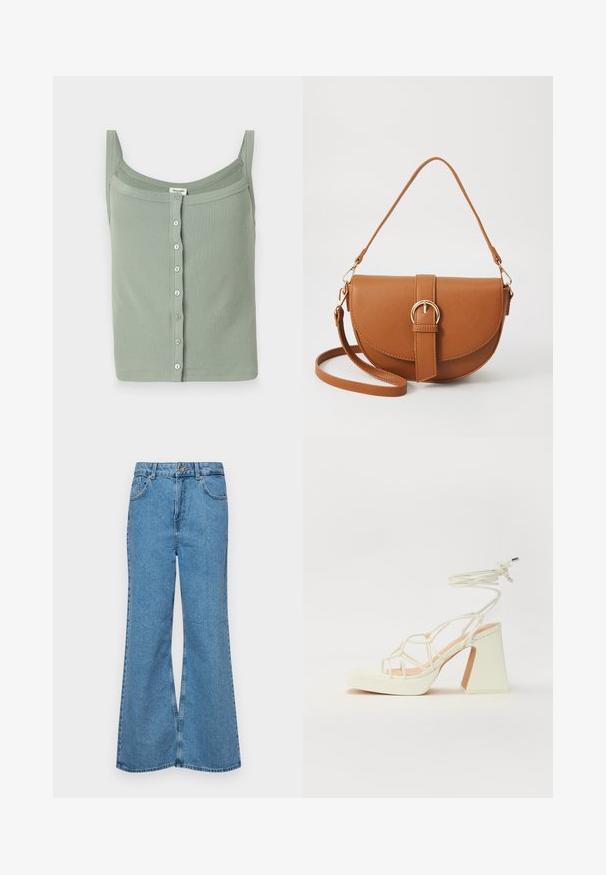 Zeleni rebrasti top s tank trakama i ravnim dekolteom, s prednjim kopčanjem na dugmadi i prilagođenim krojem.; Svijetloplave traperice s flared nogavicama, visokog struka, s pet džepova i jednim dugmetom za zatvaranje. Mekani materijal s izblijedjelim izgledom.; Bijela sandala na visokoj potpetici s debelim petom, s remenom i vezanjem oko gležnja. Glatka tekstura s platformom sprijeda za dodatnu visinu.; Smeđa kožna torba preko tijela s zakrivljenim oblikom, zlatnim metalnim detaljima i naglaskom na kopču. Ima odvojivu naramenicu.