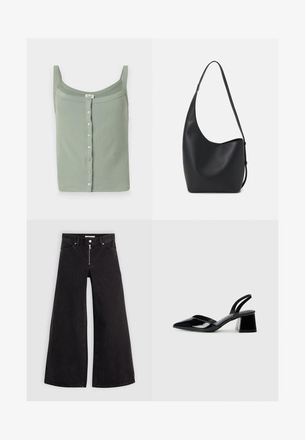 Grünes geripptes Tanktop mit dünnen Trägern und geradem Ausschnitt, ausgestattet mit einer Knopfleiste an der Vorderseite und einer taillierten Passform.; Schwarze Denim-Jeans mit weitem Bein, Reißverschluss vorne, Fünf-Taschen-Design und dezenten Stickdetails. Glatte Textur und lässiger Stil.; Schwarze Lackleder-Slingback-High Heels mit spitzem Schuh und einem geometrischen Blockabsatz. Verfügt über ein schlankes, minimalistisches Design und eine glatte Textur.; Schwarze Leder-Hobo-Tasche mit einer glatten Textur, geschwungener Form und einem einzelnen verstellbaren Tragegurt; verfügt über eine weite Öffnung am oberen Ende.