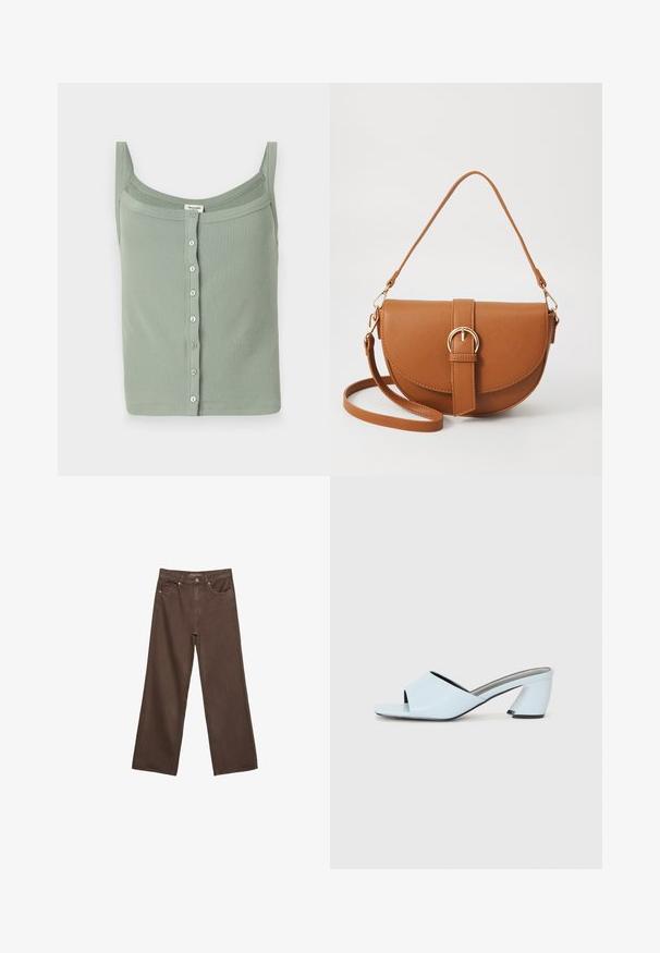 Grünes geripptes Tanktop mit dünnen Trägern und geradem Ausschnitt, ausgestattet mit einer Knopfleiste an der Vorderseite und einer taillierten Passform.; Weite braune Jeans aus Denim, mit hoher Taille, Fronttaschen und klassischem Knopfverschluss. Glatte Textur mit feinen Nähten.; Hellblaue offene mules mit Absatz und geometrischem Design, ausgestattet mit einem breiten Riemen über dem Fuß und einem dicken, winkligen Absatz.; Braune Leder-Crossbody-Tasche mit geschwungener Form, goldfarbenen Beschlägen und einer Schnallenakzentuierung. Verfügt über einen abnehmbaren Schultergurt.