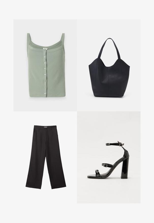Débardeur vert à côtes avec de fines bretelles et un encolure droite, présentant une fermeture à boutons à l'avant et une coupe ajustée.; Pantalons larges noirs en tissu lisse, dotés d'une fermeture éclair à l'avant et de deux poches latérales, avec une coupe ajustée et un design minimaliste.; Sandales à talons vernies noires avec un bout carré, des sangles autour de la cheville et des boucles en argent. Dotées d'un talon bloc épais pour plus de stabilité.; Sac fourre-tout noir en cuir lisse, doté d'un haut ouvert et courbé avec deux brides d'épaule et un design minimaliste.