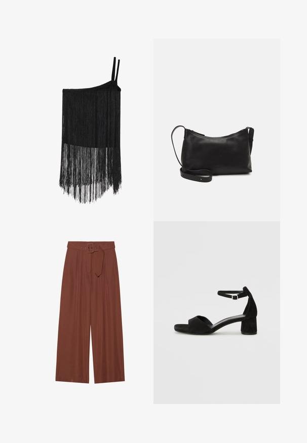 Ühe õlaga must fraktsiooniga topp, millel on punutud rihm ja tekstuuriga kangas. Omab pikka, kihilist fraktsioonide detaili allservas, mis tagab liikumise.; Küljed on laiad pruunidest kangast püksid, millel on ruudukujuline pandla ja pleeditud disain, samuti sile tekstuur.; Mustad nahast kontsad avatud varvastega, millel on õhuke pahkluu rihm ja tagasihoidlik plokkkonts. Sile tekstuur ja minimaalsed aksessuaarid.; Mustmust nahk õlakotil on sile tekstuur, kumer kuju, reguleeritav rihm ja lukuga sulgemine. Minimalistlik disain ilma kaunistusteta.