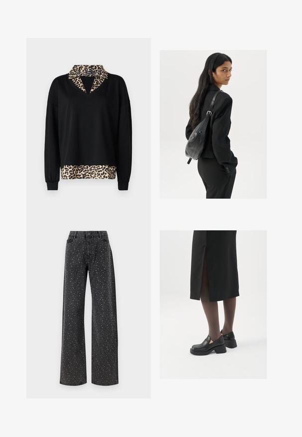 Melnas džemperis ar V veida kakla izgriezumu un garām piedurknēm; ar leopardu rakstu apkakli un apakšējo malu. Izgatavots no mīksta auduma ar brīvu piegriezumu.; Noisy May NMJANNEL LOOSE - Brīva piegriezuma džinsi - black denim; Melni ādas apavi ar noapaļotu purngalu, biezām bloku papēžiem un elastīgiem sānu akcentiem, apvienoti ar tumšām zeķubiksēm un melnu svārku ar šķirbu.; Sieviete ar garām tumšām matiem, ģērbusies melnā uzvalkā, nēsā melnu ādas plecu somu un skatās pāri plecam uz balta fona.; Sudraba gredzenveida auskari ar minimālistisku dizainu. Cirkulāra forma, gluda tekstūra un plāns profils. Vieglu svaru ar spīdīgu apdari.