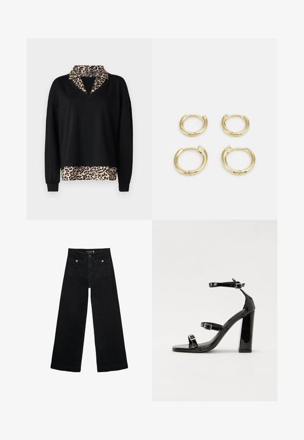 Černý pulovr s véčkovým výstřihem a dlouhými rukávy; má límec a lem s leopardím potiskem. Vyroben z měkké tkaniny s pohodlným střihem.; Černé široké džíny s vysokým pasem, obsahující dvě přední kapsy a kovové knoflíkové detaily. Látka má hladkou texturu.; Černé lakované sandály na podpatku se čtveratou špičkou, lýtkovými pásky a stříbrnými přezkami. Disponují masivním blokovým podpatkem pro stabilitu.; Zlaté kruhové náušnice, čtyři kusy, hladký povrch, zakřivený design, různé velikosti, s kloubovým zapínáním pro snadné nošení.