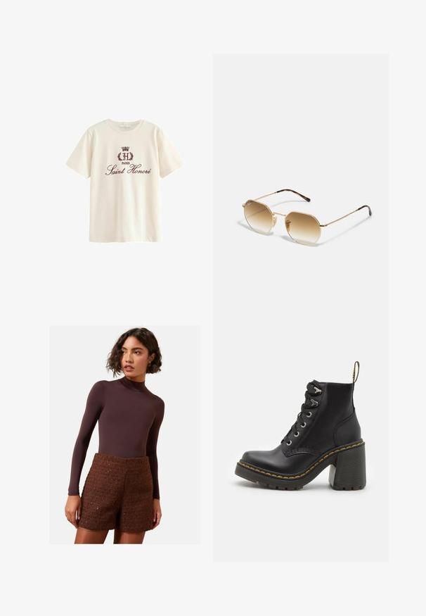 Krémové bavlněné tričko s krátkým rukávem, se znakem a textem "H Paris Saint Honoré" v maroon barvě umístěným na přední straně.; Hnědý dlouhý rukáv bodysuit doplněný texturovanými hnědými pletenými šortkami. Bodysuit má vysoký límec, zatímco šortky mají strukturovaný design.; Černé kožené kotníkové boty s robustním vysokým podpatkem, šněrováním vpředu, kovovými očky a žlutým prošíváním podél podrážky. Texturovaná gumová podrážka.; Zlaté sluneční brýle s osmiúhelníkovým rámem, gradientní hnědé čočky a želvovinové akcenty na nožičkách. Lehké provedení.; Hnědá kabelka s monogramem a béžovými koženými akcenty, dvojitými uchy a nastavitelným ramenním popruhem. Obsahuje zlatý zámek a značkovou visačku.