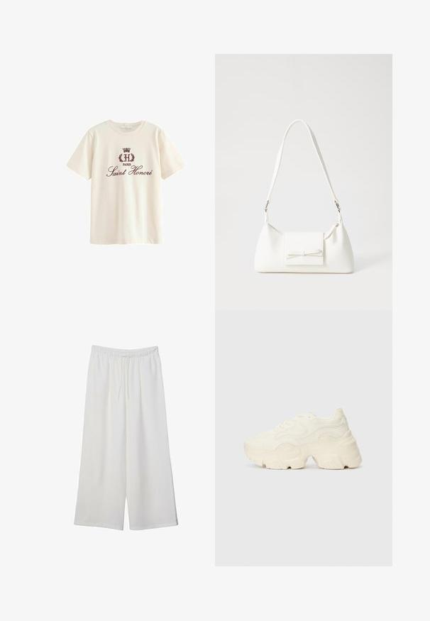 Krämfärgad bomullst-shirt med korta ärmar, med ett maroon färgat tryck av logotyp och texten "H Paris Saint Honoré" centrerad på framsidan.; Vita vida byxor i lätt tyg med elastisk midja och dragsko för justerbar passform. Mjuk textur.; Tjocka vita sneakers gjorda av texturerat mesh och syntetiska material, med en tjock sula och intrikata mönsterdetaljer längs sidorna.; Vit syntetisk handväska med triangulär form, platt framklaff och rosettdetalj, justerbar rem, slät textur och minimalistisk design.